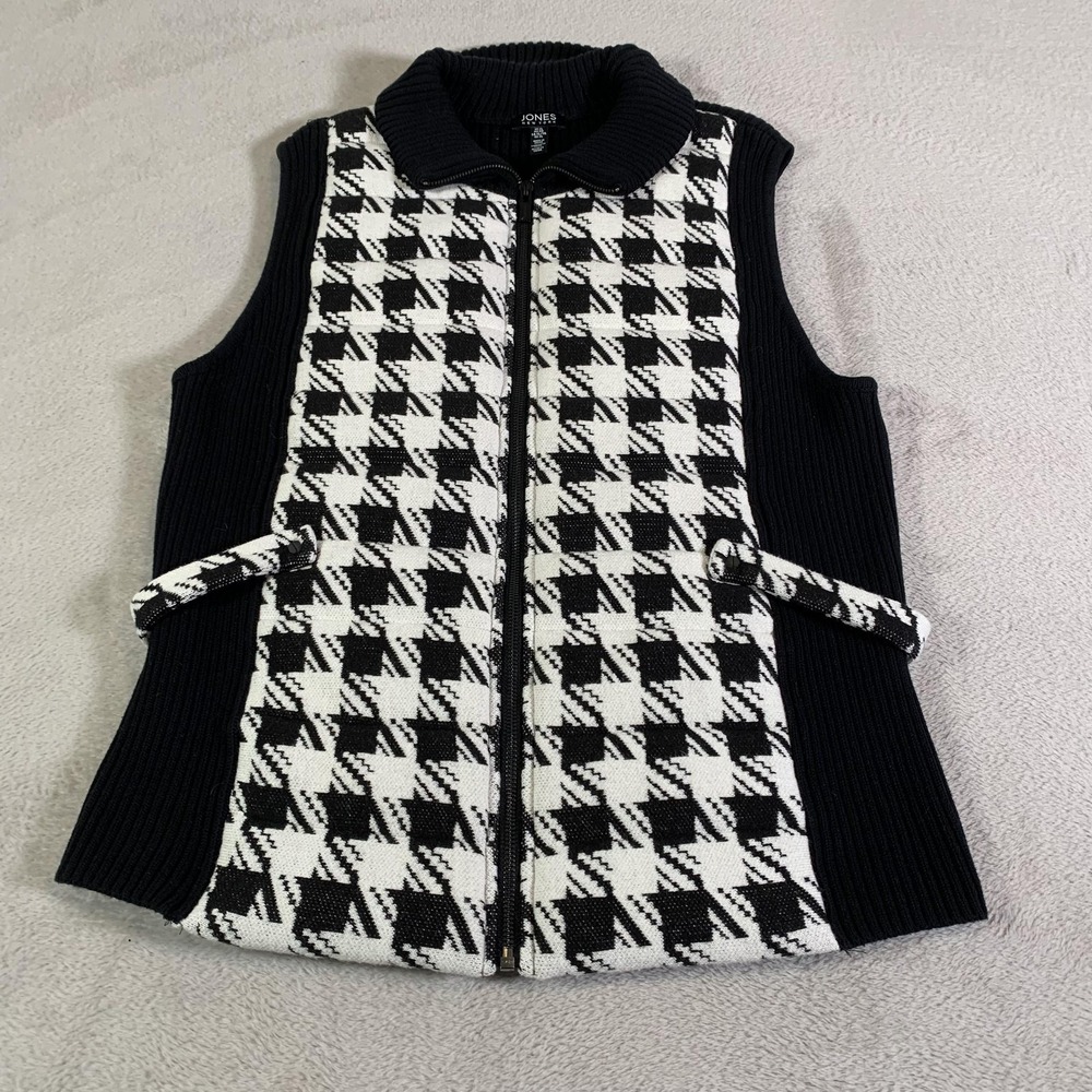 Jones New York Sweater Vest Womens XL Black White Houndstooth Mock Neck Full Zip